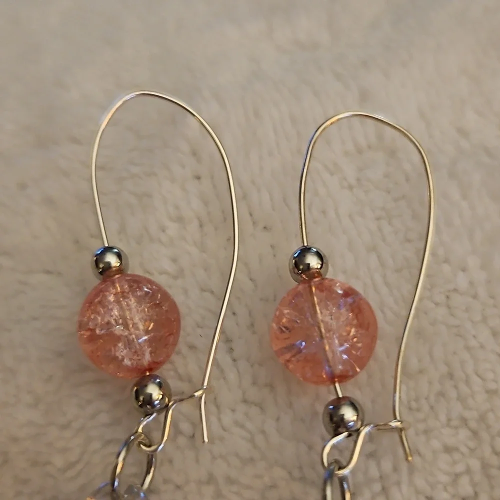 3/$30 HANDCRAFTED Silver and Pink Crackle Glass Beaded Disco Ball Hoop Earrings